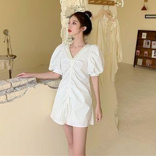 Puff-sleeve Drawstring V-neck Mini Dress / Plain High-waist Shorts