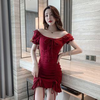 Short-sleeve Ruched Ruffled Plain Dress