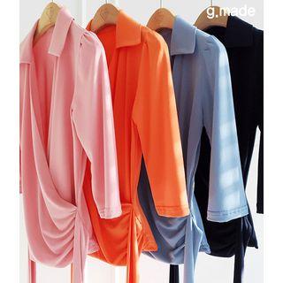 Collared Surplice-wrap Shirred Blouse