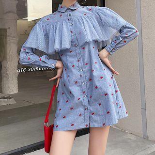 Long-sleeve Mesh Trim Mini A-line Shirtdress