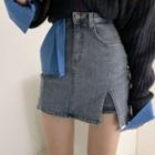 Slit-front Mini Straight-fit Denim Skirt