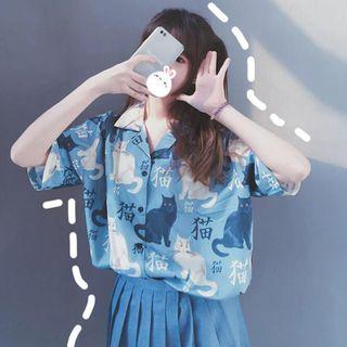 Elbow-sleeve Cat Print Shirt Short Sleeve - Cat - One Size