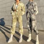Puff Sleeve Hooded Zip Tie-dye Jacket / Drawstring Sweatpants