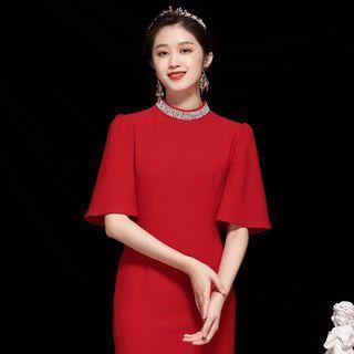 Short-sleeve Rhinestone Sheath Dress