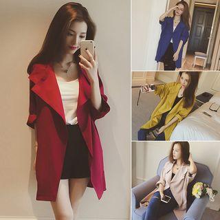 3/4-sleeve Open-front Plain Trench Coat