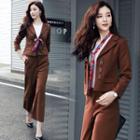 Set: Bow-accent Blazer + Plain Wide-leg Pants
