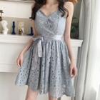 Sleeveless Eyelet Mini A-line Dress As Shown In Figure - One Size