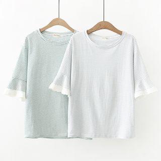 Stripe Frilled Short-sleeve T-shirt