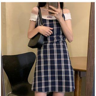 Plaid Strappy A-line Dress / Short-sleeve Top