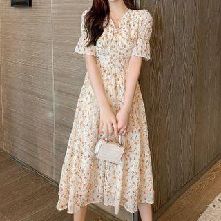 Short Sleeve V-neck Floral Embroidered Chiffon Dress