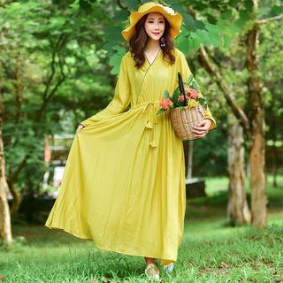Drawstring Long-sleeve Maxi A-line Dress
