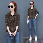 Stand-collar Long-sleeved Pocketed Gingham Slim Blouse