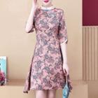 Floral Print 3/4-sleeve Mini A-line Dress