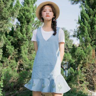 Sleeveless Embroidered A-line Denim Mini Dress