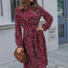 Long-sleeve Leopard Print Tie-waist A-line Dress