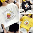 Elbow-sleeve Egg Print Lettering T-shirt