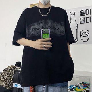Elbow-sleeve Crew Neck Lettering T-shirt