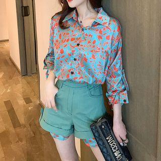 Long-sleeve Floral Shirt + Roll Up Shorts