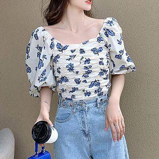Off-shoulder Floral Shirred Blouse