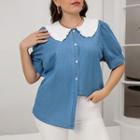 Plus Size Puff Sleeve Button-up Top