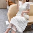 Lace Trim V-neck Short-sleeve Midi A-line Dress