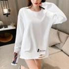 Long-sleeve Embroidered Distressed T-shirt