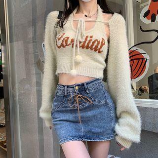 High-waist Strappy Denim Mini Skirt / Halter-neck Knit Camisole Top / Long-sleeve Knit Cardigan