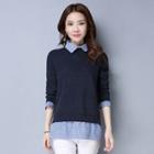 Mock Two Piece Striped Panel Collared Sweater