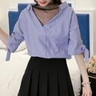 Mock Two-piece Mesh Panel Elbow-sleeve Blouse