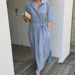 Elbow-sleeve Maxi Shirt Dress With Sash Blue - One Size