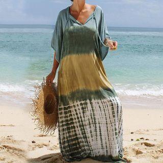 Elbow-sleeve Print Maxi Shift Dress Green & Yellow - One Size