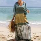 Elbow-sleeve Print Maxi Shift Dress Green & Yellow - One Size