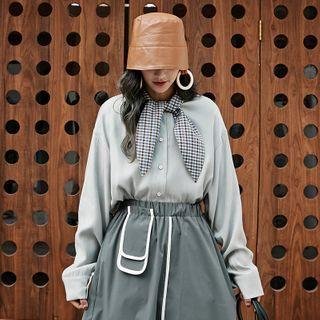 Plaid Panel Tie-neck Long-sleeve Blouse
