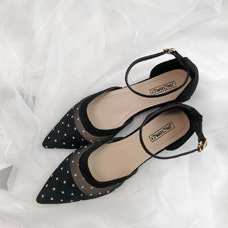 Pointed Dotted Mesh Ankle Strap Dorsay Pumps