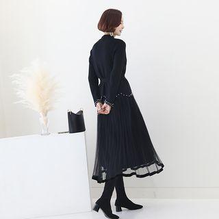 Set: Scallop-hem Beaded Top + Tulle-overlay Long Velvet Skirt