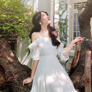 Ruffle Off-shoulder A-line Midi Dress White - One Size