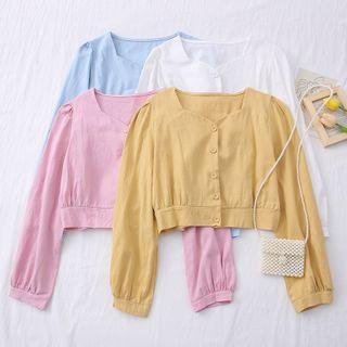 Puff-sleeve V-neck Crop Blouse