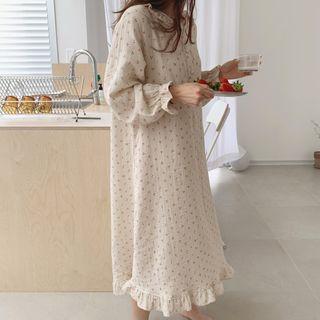 Collared Cherry Printed Long-sleeve Dress Almond - One Size