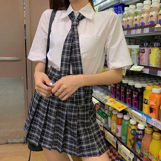 Plain Elbow-sleeve Shirt / Plaid High-waist Mini A-line Skirt