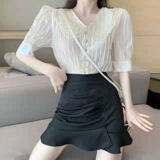 Collared Elbow-sleeve Blouse / Ruffle Hem Mini Pencil Skirt