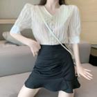 Collared Elbow-sleeve Blouse / Ruffle Hem Mini Pencil Skirt