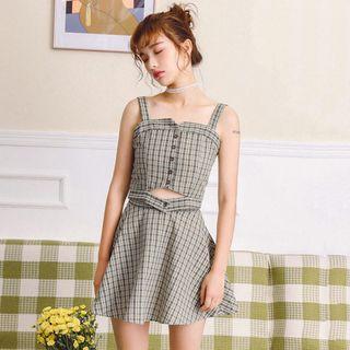 Set: Check Camisole Top + A-line Skirt