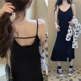 Printed Shirt / Spaghetti Strap Side-slit Midi A-line Dress