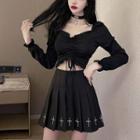 Long-sleeve Drawstring Crop Top / Pleated Mini A-line Skirt