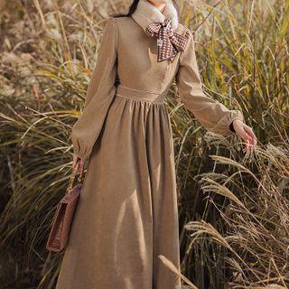 Set: Puff-sleeve Midi A-line Dress + Fluffy Scarf