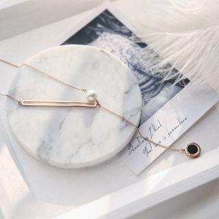 Faux Pearl Pendant Necklace Black Disc & White Faux Pearl - Gold - One Size