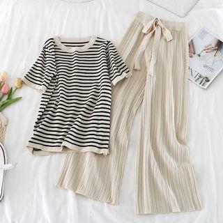 Set: Striped Short-sleeve Knit Top + Wide-leg Pants