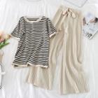 Set: Striped Short-sleeve Knit Top + Wide-leg Pants