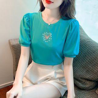 Puff-sleeve Heart Cutout T-shirt