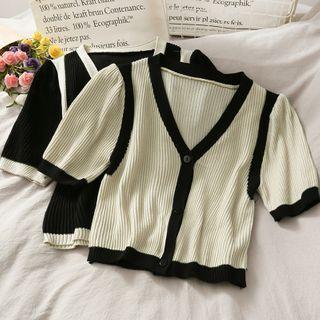 Contrasted Ouff-sleeve Crop Knit Top